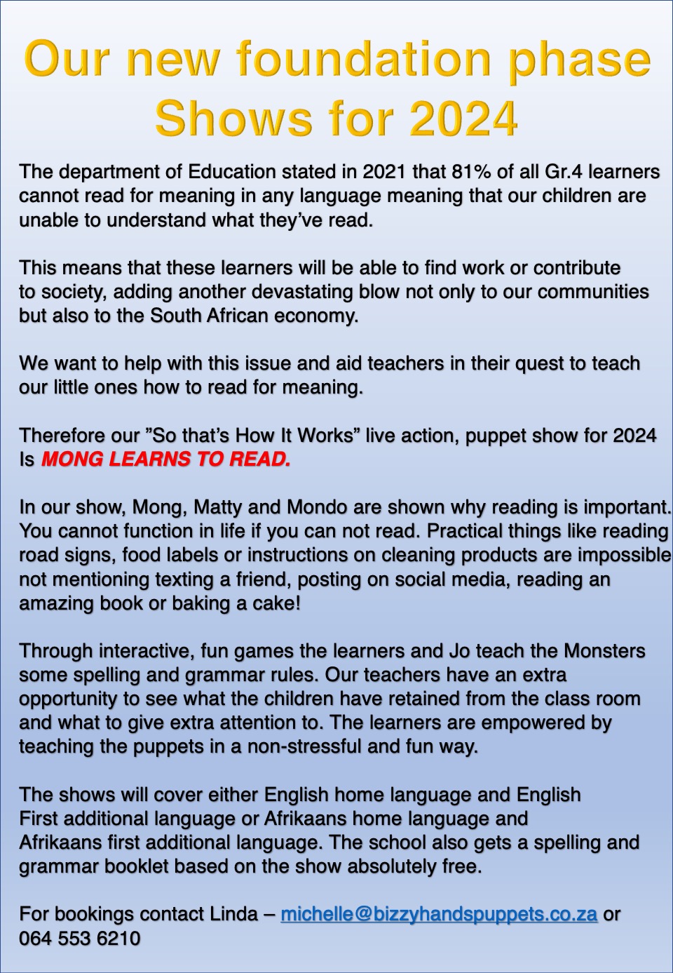 Reading shows for Foundation phase 2024